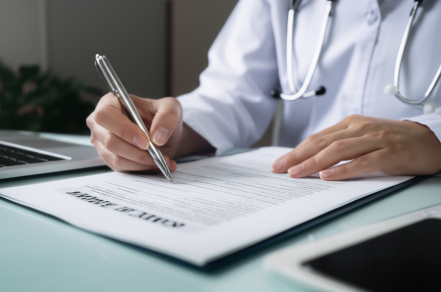 Photo of a paper claim form being filled out at a doctor's office with supporting documents nearby