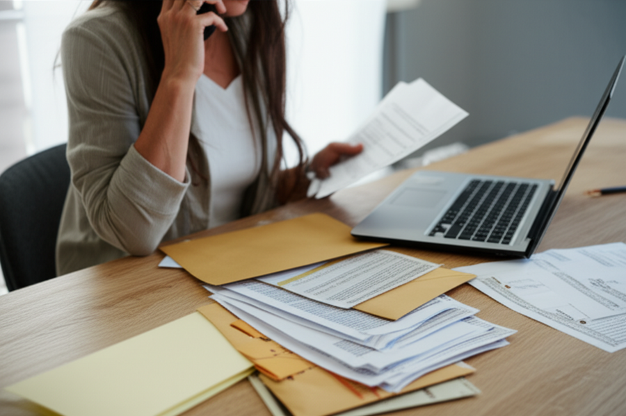 Photo of a person making a phone call while organizing documents related to a health claim on a desk