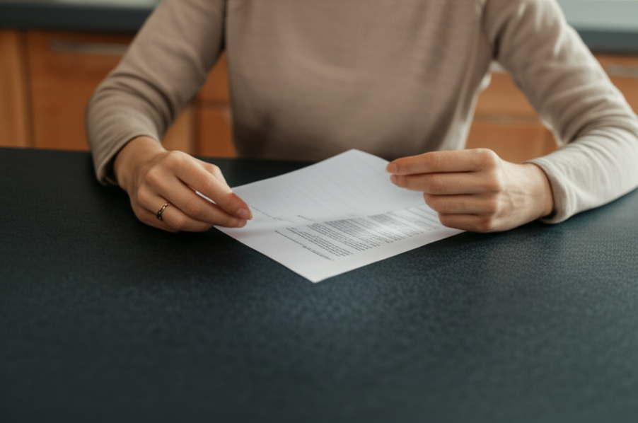 Photo of a person reading a denial letter from a health insurance company while sitting at a kitchen table