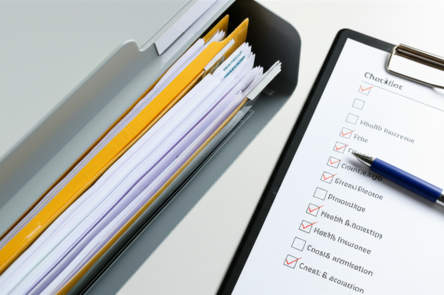 Photo showing a neat file folder with organized health insurance paperwork and a checklist beside it
