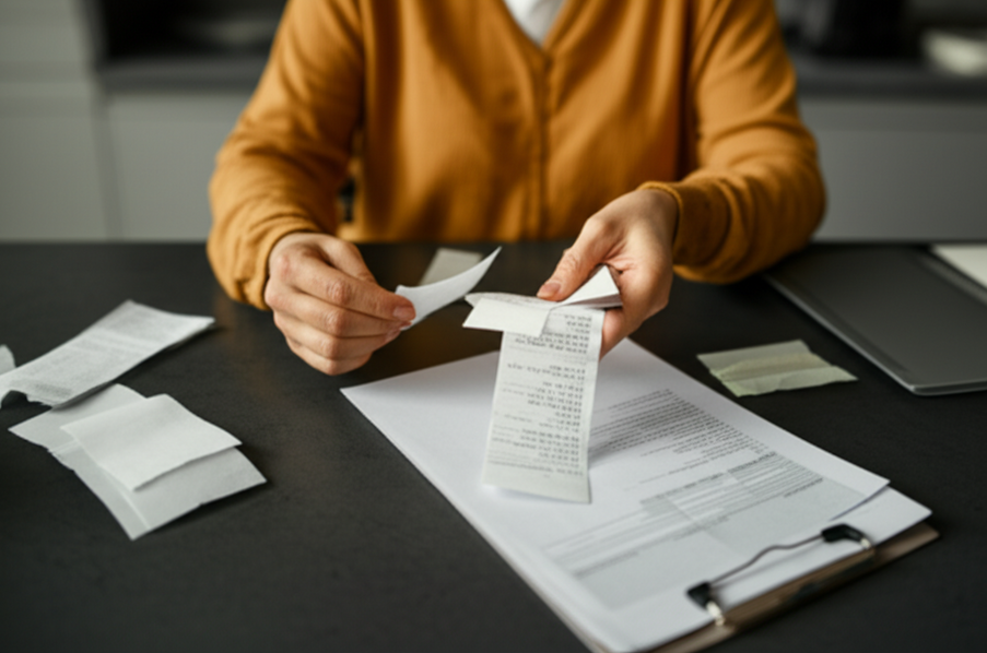 Person sorting receipts and health insurance documents at a table for tax records