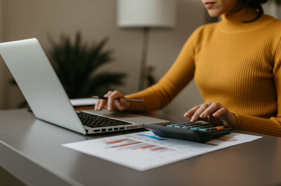 Woman calculating HSA contributions and potential tax savings, with laptop and paperwork