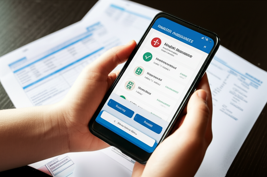 Close-up of hands scanning health insurance bills and receipts with a smartphone