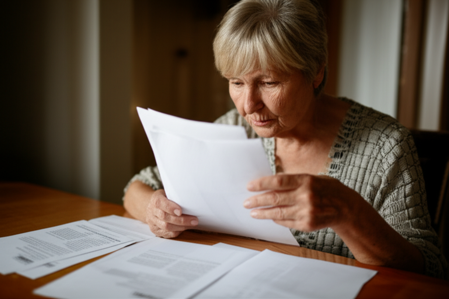 Older adult reviewing medical bills with tax forms spread out