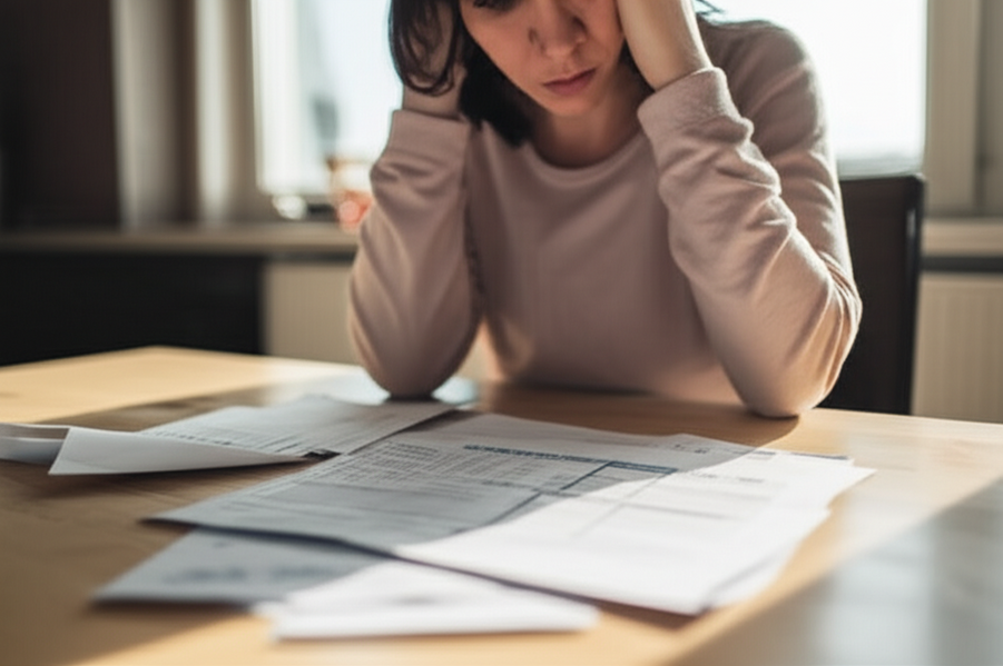 A person looking at medical bills while reviewing an insurance policy at their kitchen table.