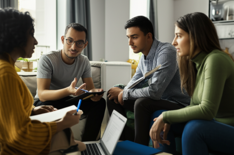 Friends discussing insurance options with a laptop and notepad in a living room.