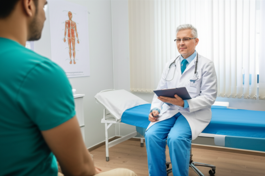 Doctor and patient in an examination room discussing preventive health checkup.