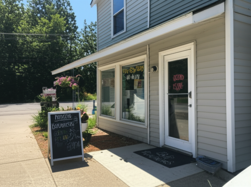 Photo of a small business storefront in a rural or suburban area, representing low-risk locations