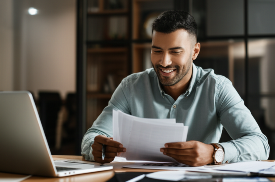 Photo of a smiling business owner looking over paperwork, highlighting peace of mind after getting a fair insurance quote