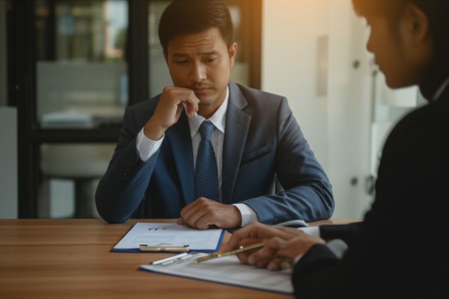 Business owner reviewing different insurance policy quotes with an agent