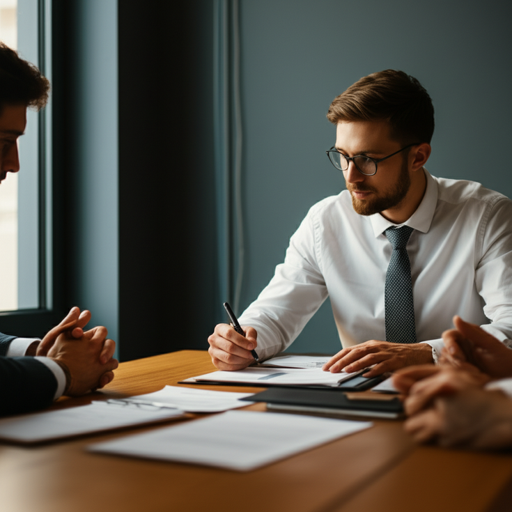 Office manager comparing business insurance documents on a conference table