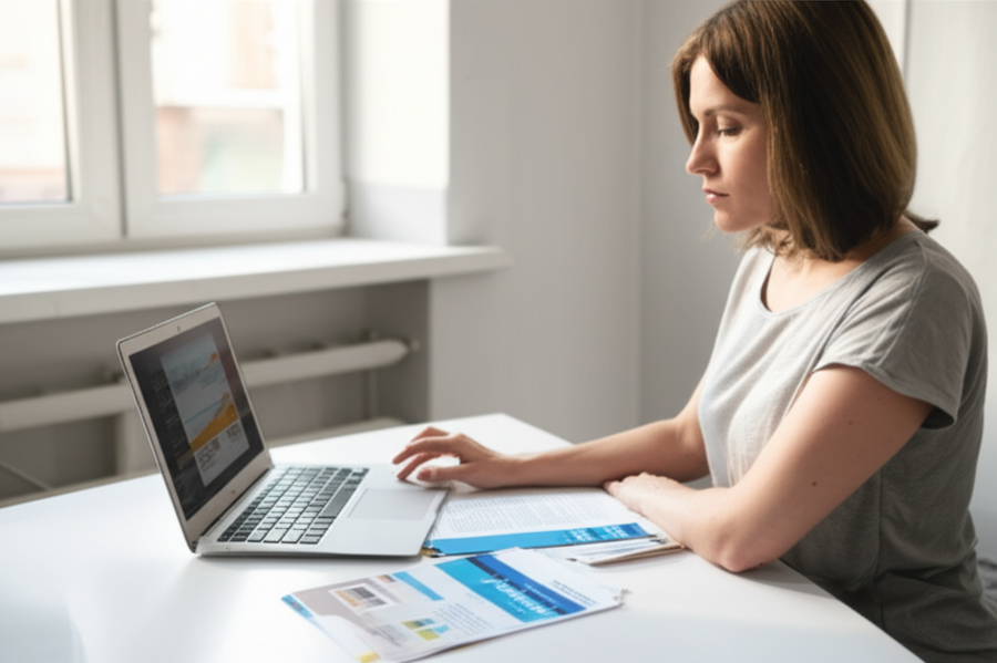 Woman comparing travel insurance policies on her laptop at a bright desk