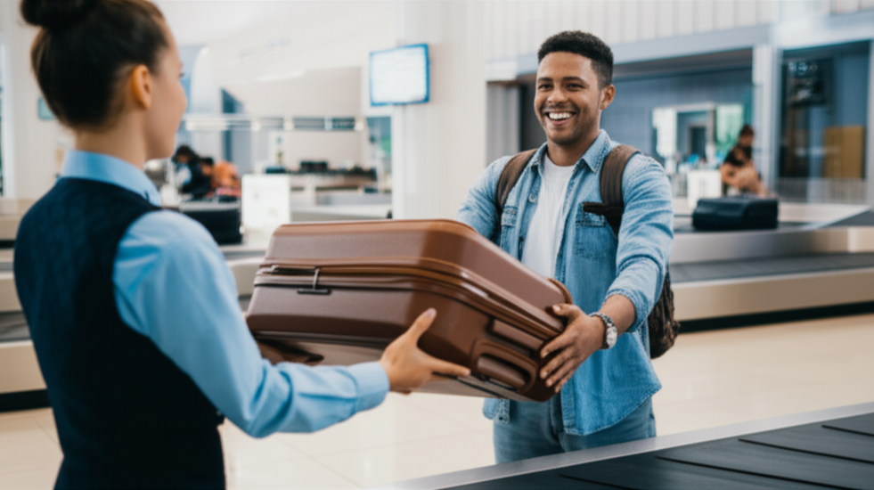 Airport staff returning lost luggage to a relieved traveler at the carousel