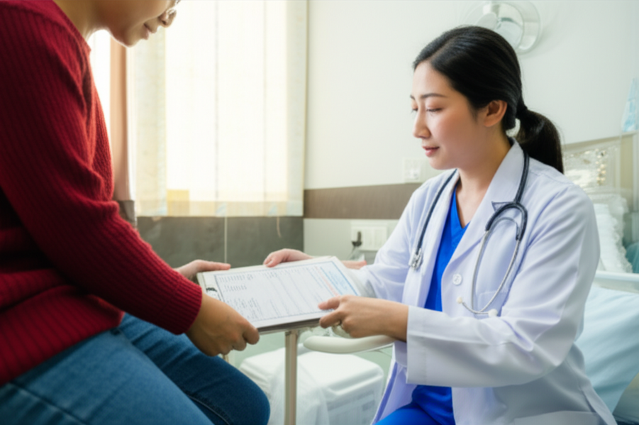 Doctor and patient reviewing travel insurance documents in an international hospital room