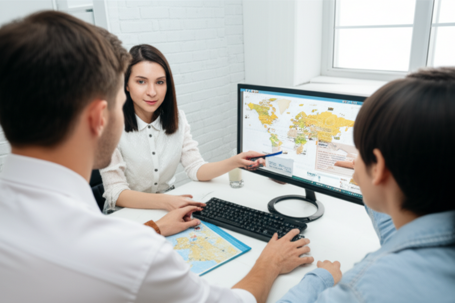 Travel agent reviewing travel advisories on a map with two clients in an office