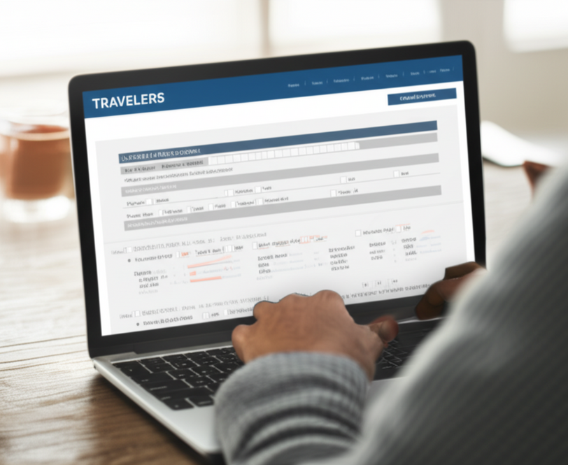 Customer filing an insurance claim on a laptop with Travelers website open