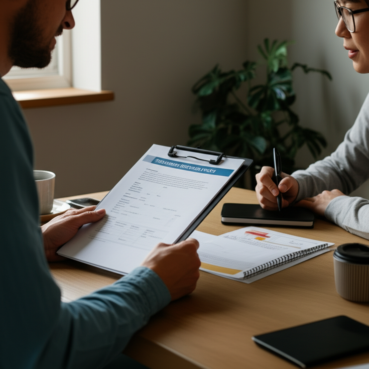 Two people reviewing a Travelers insurance policy in a cozy home office setup