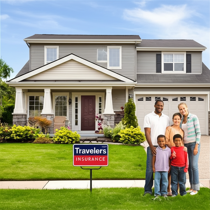 Modern suburban home with Travelers insurance yard sign and family outside