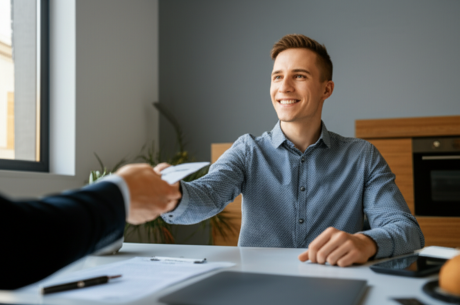 Smiling customer receiving a claim check from a Travelers agent at their kitchen table