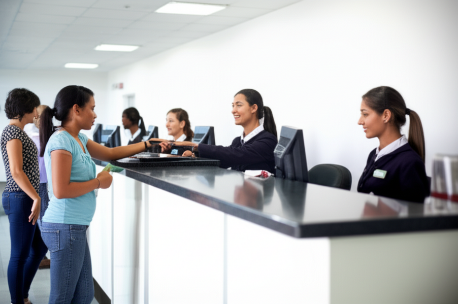 Photo showing a customer service desk with people talking to helpful staff