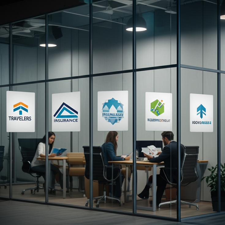 12 insurance company logos on office windows, travelers comparing policy brochures