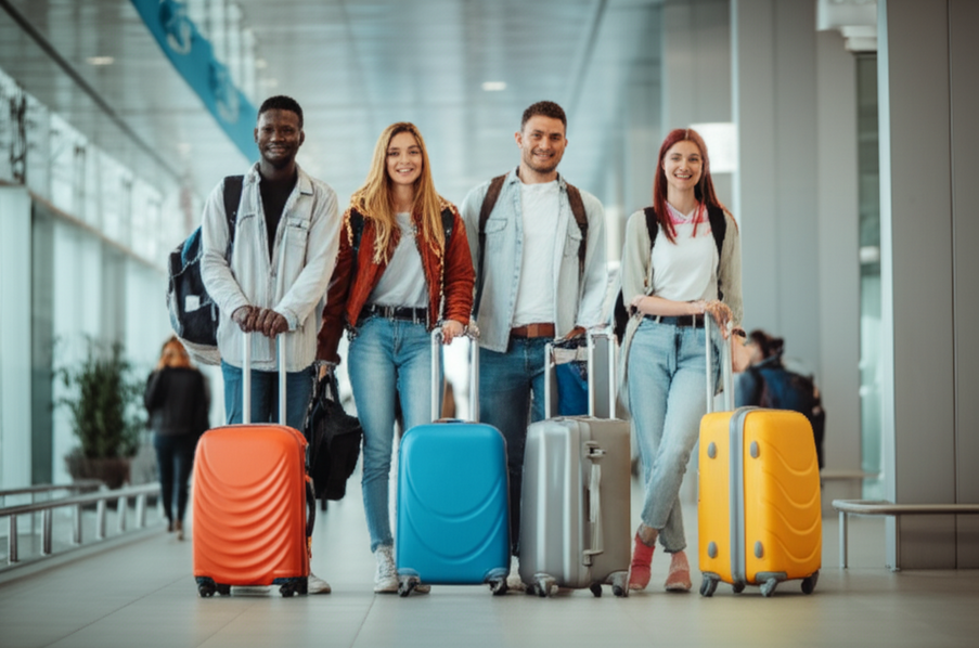 13 smiling tourists waiting next to suitcases at an airport terminal