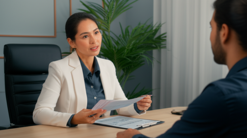 Insurance agent showing information about discounts to a customer in an office setting
