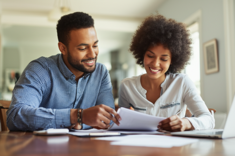 Smiling couple looking at documents related to insurance payments on a table