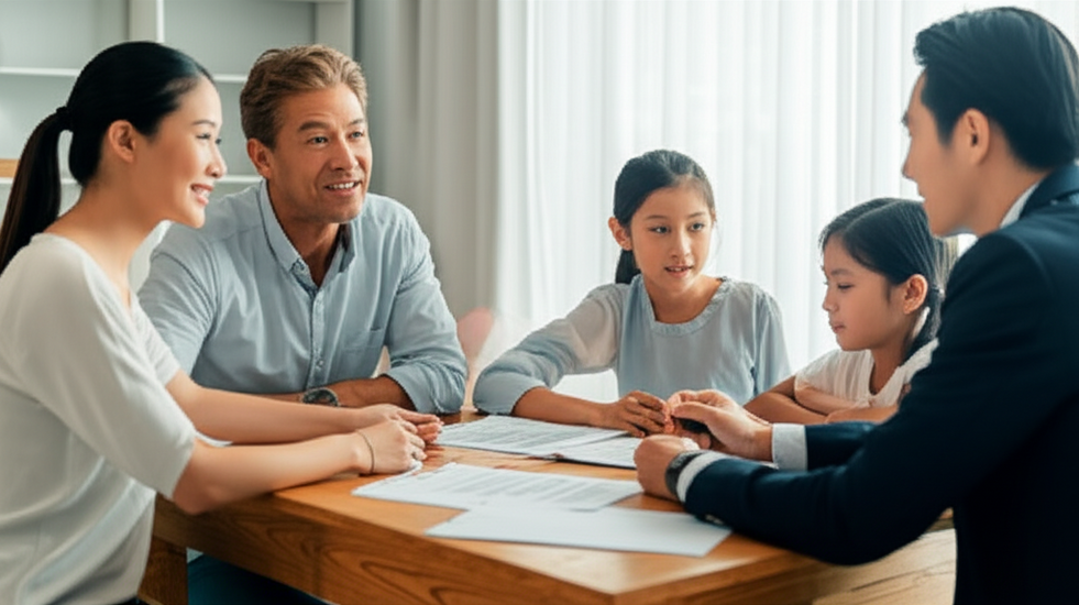 Family discussing types of home and auto insurance premiums with a professional advisor
