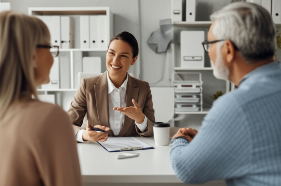 Smiling agent explaining Medicare plans to a senior couple in an office