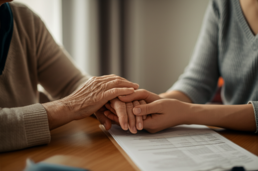 Caregiver holding a hand while helping a senior read a medical bill at home
