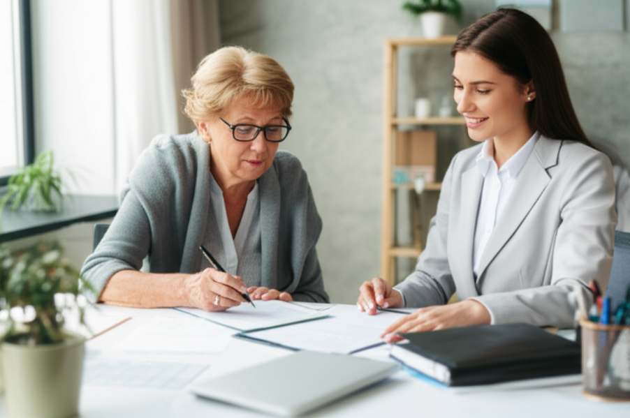 Older woman filling out assistance forms with support from a counselor in a community office