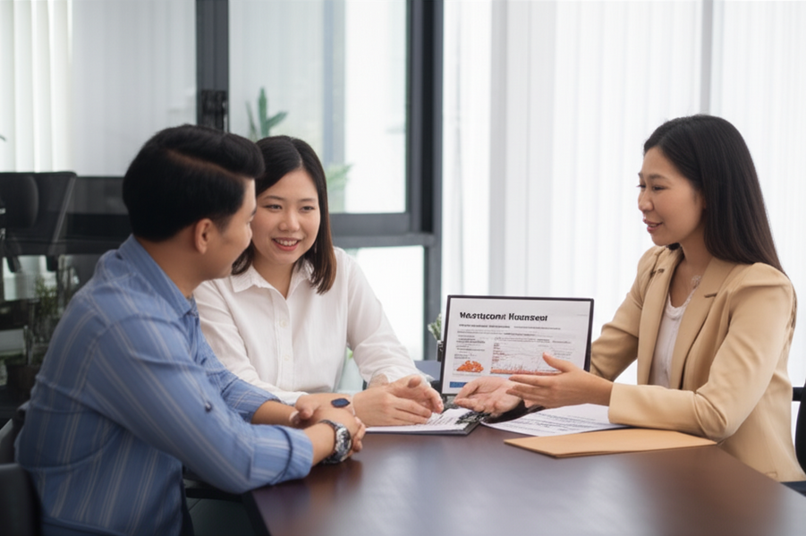 Mortgage lender explaining different insurance options to new homebuyers in his office