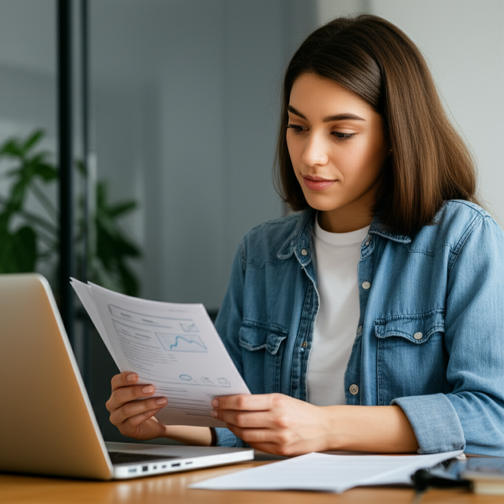 Young homeowner checking mortgage statement to track insurance payments progress