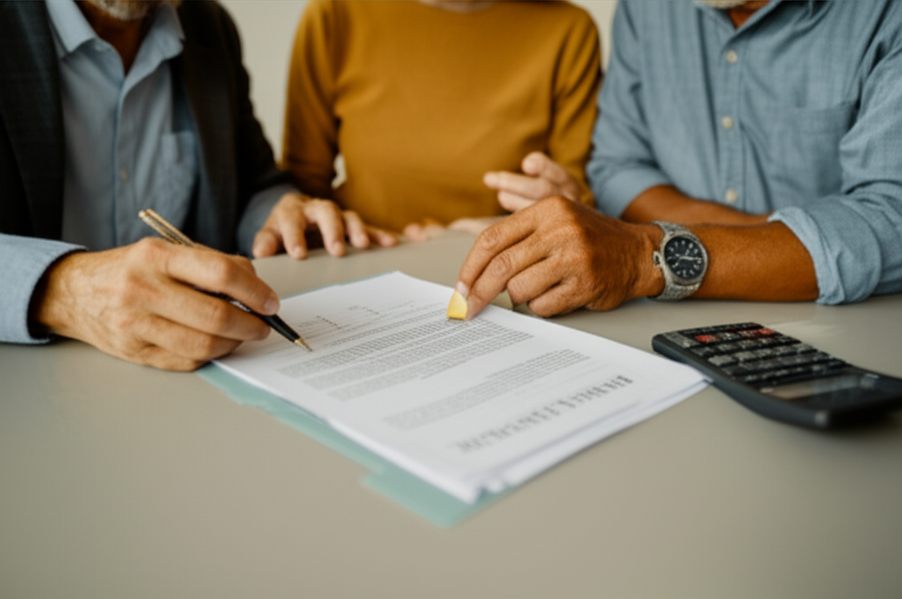 Older couple signing mortgage insurance documents at home closing table
