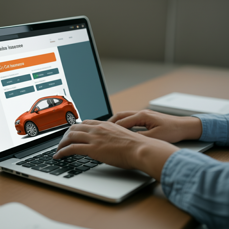 Close-up of hands typing details for an online car insurance quote tool.