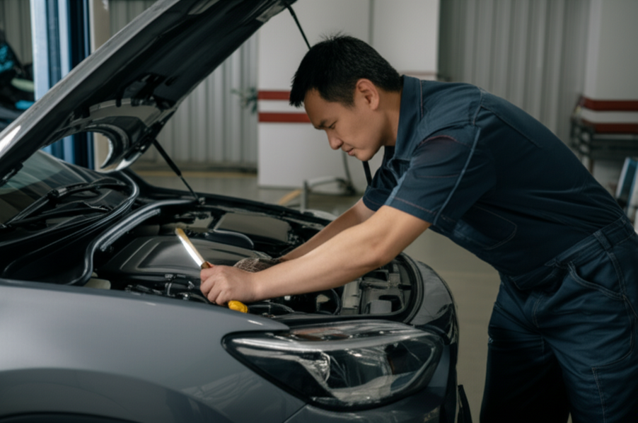 Mechanic inspecting under the hood of a modern car for insurance evaluation.