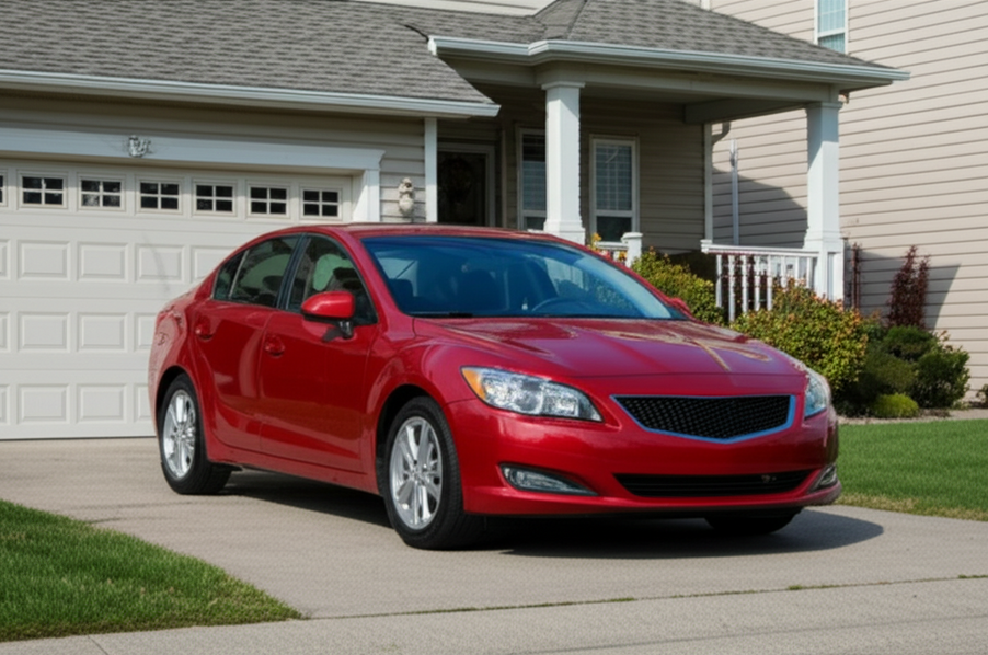 Red car parked in a suburban driveway, illustrating a typical insured vehicle.