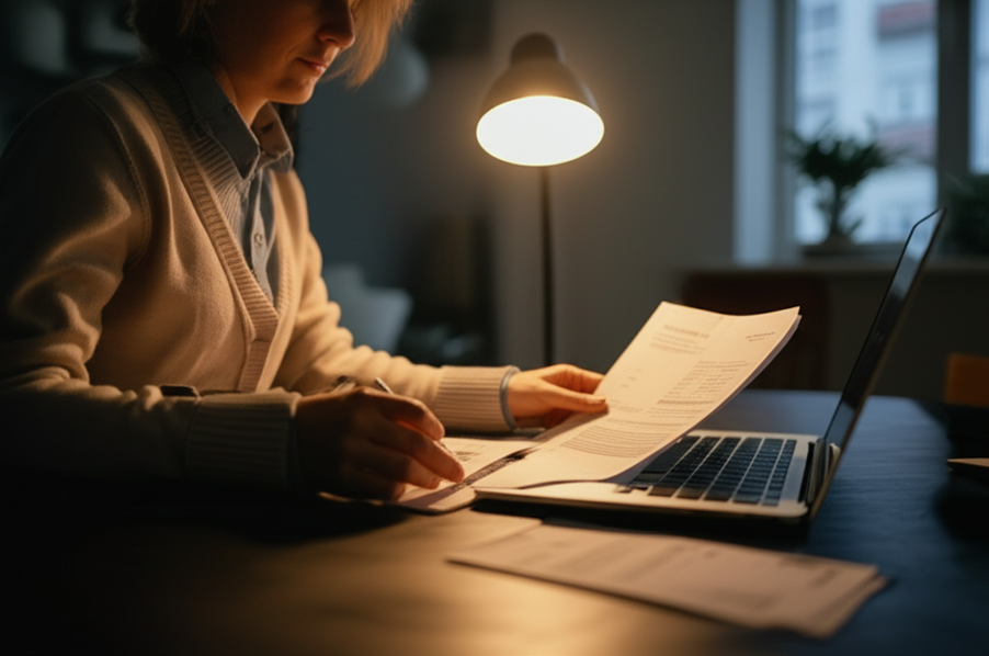 Customer reviewing car insurance statements and coverage documents at home.