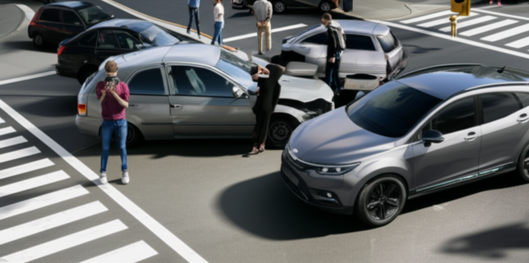 Scene of a minor car accident at an intersection, cars pulled over, people on phones