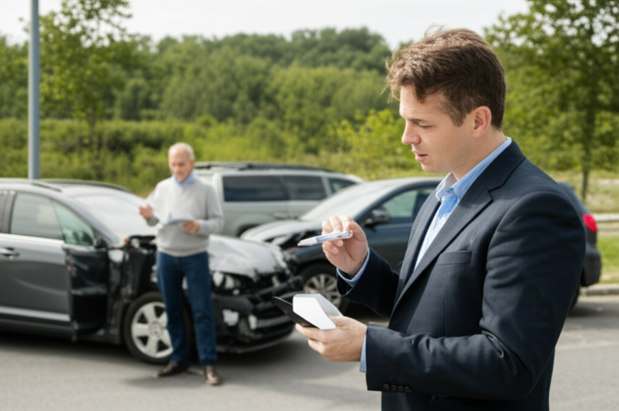 Driver speaking with an insurance adjuster near damaged vehicles after a collision