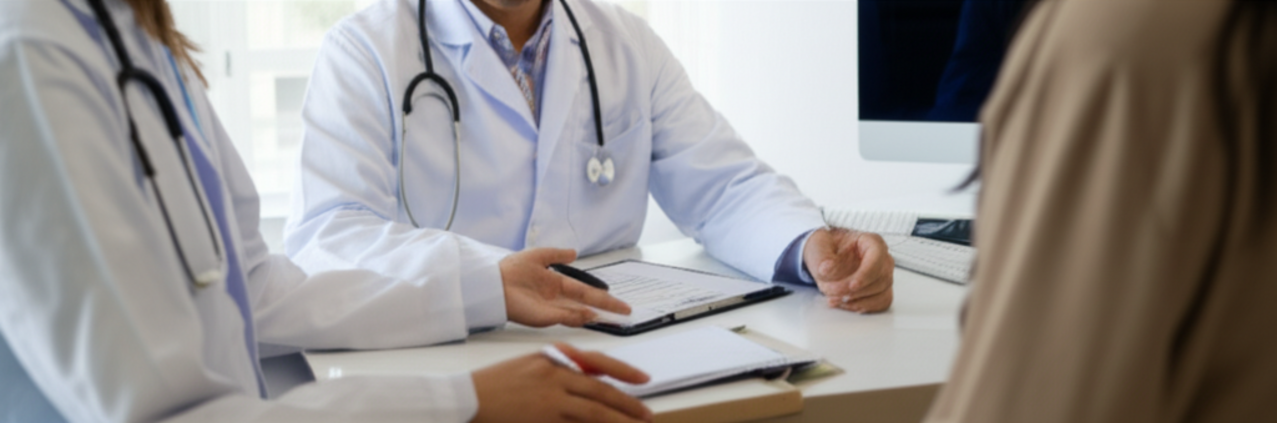 Photo of a doctor and patient discussing payment options in a clinic office