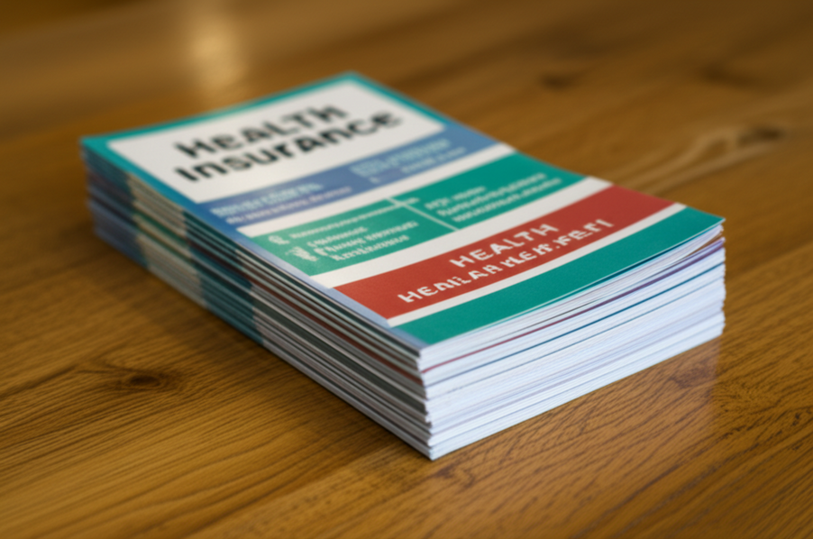 Photo of a stack of different health insurance brochures on a desk