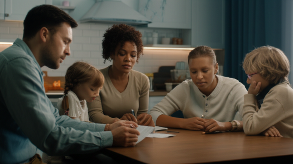 Photo of relieved family looking at medical bills together on kitchen table