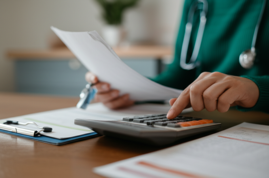 Close-up of hands using a calculator and reviewing medical bills at a kitchen table.