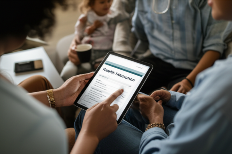 Person with a tablet comparing different health insurance plans while sitting with a family member.