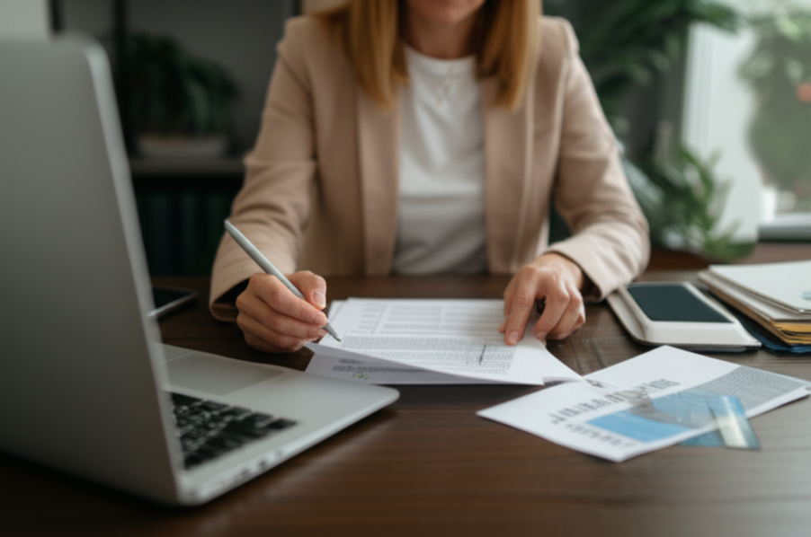 Woman sitting at a desk with documents, carefully reading her health insurance policy.