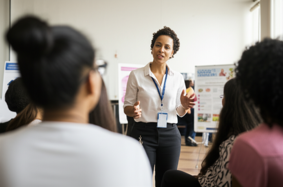 Healthcare provider explaining cancer screening options to a group of women at a community event.