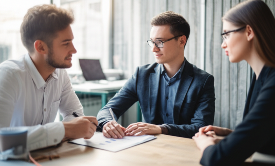 Young professionals in an office discussing health insurance benefits with a human resource manager