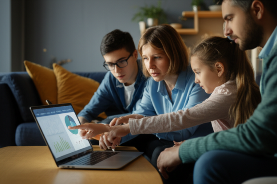 Family using a digital device to look up health insurance costs together in their living room